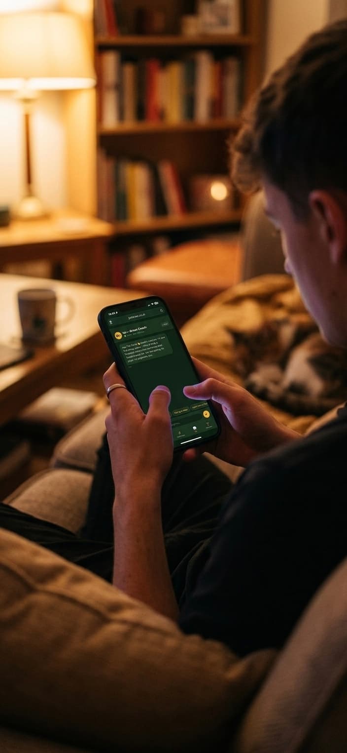 Young person using the Brass app on their phone in the evening