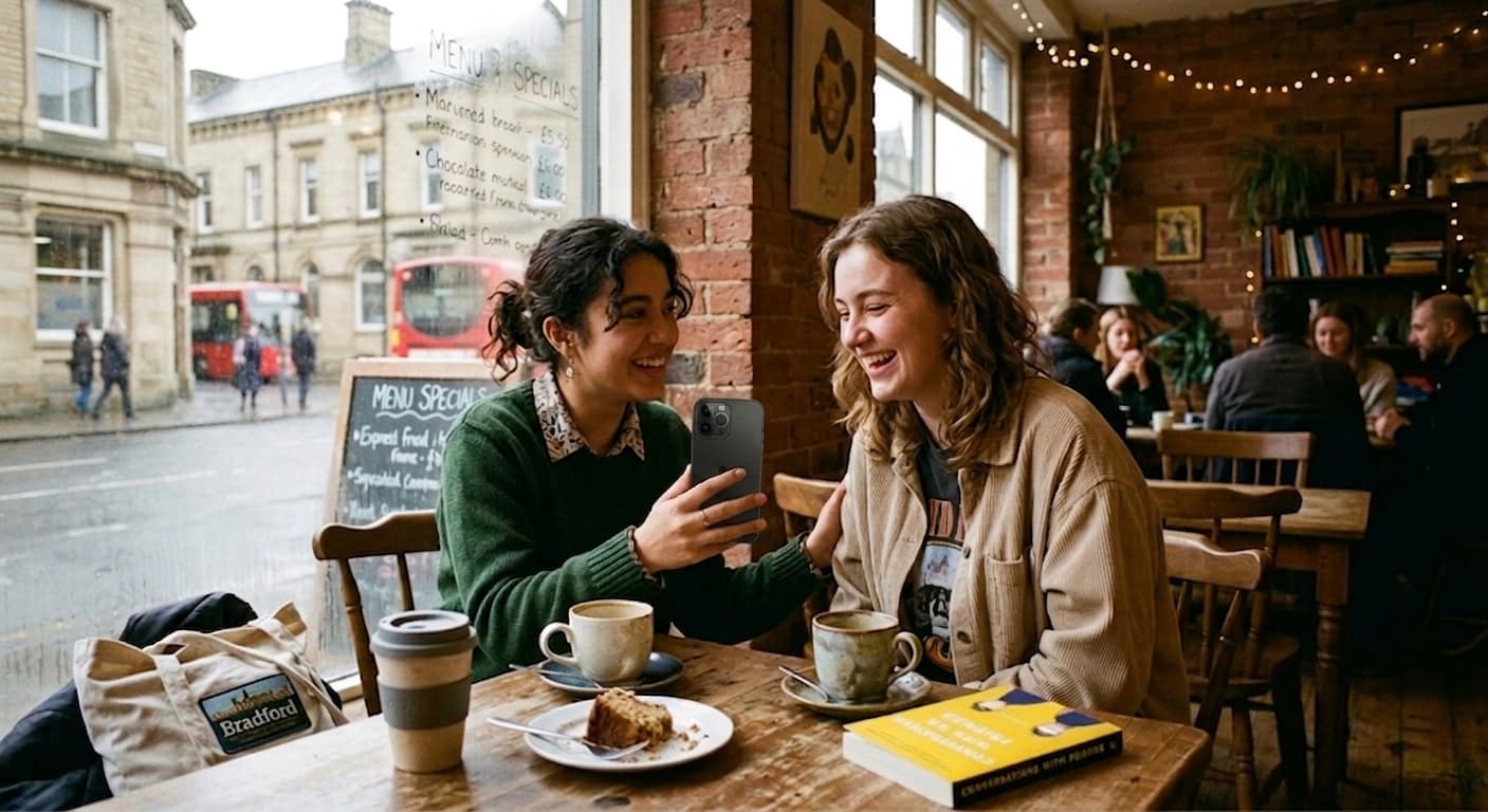 Two young women in a Bradford café sharing their phones